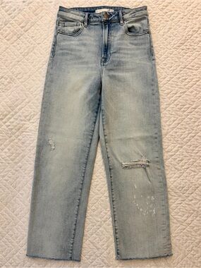 Altar’d State Light Wash Distressed Straight Leg Jeans Raw Hem Size 27 - EUC